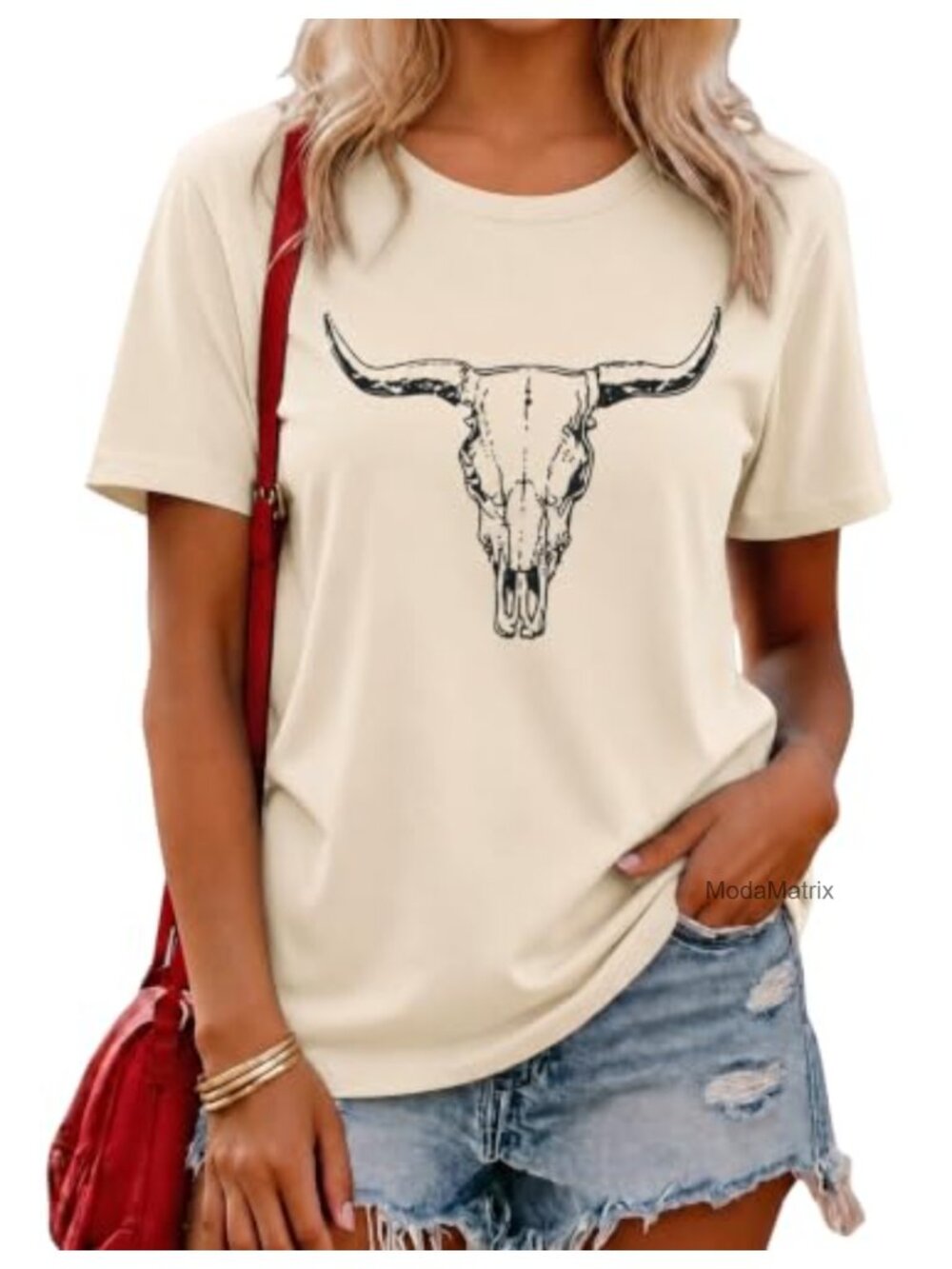 Western Cow Skull Graphic Tee Short Sleeve Crewneck Casual Top